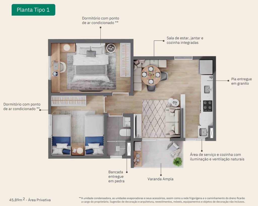 PLANTA APARTAMENTO 45,89m² (46m²) - 2 QUARTOS | VIVA PARQUE RESIDENCIAL | INDAIATUBA