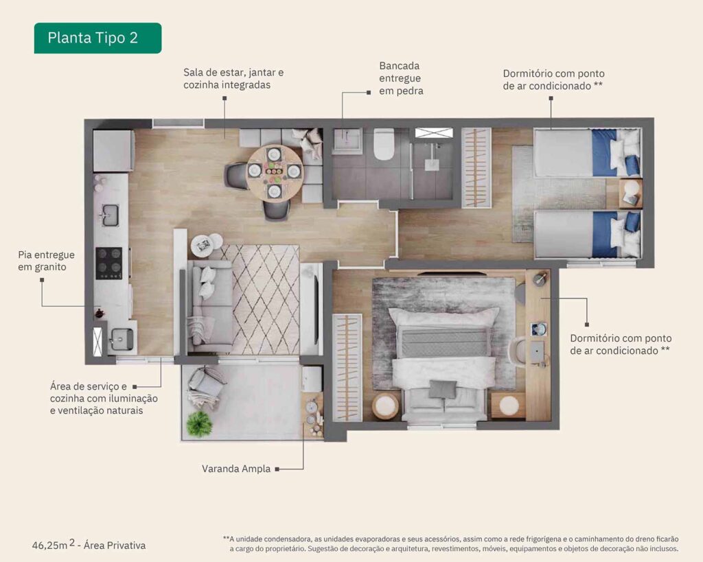 PLANTA APARTAMENTO 46,25m² (46m²) - 2 QUARTOS | VIVA PARQUE RESIDENCIAL | INDAIATUBA