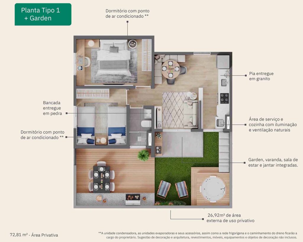 PLANTA APARTAMENTO GARDEN | 72,81m² (73m²) - 2 QUARTOS | VIVA PARQUE RESIDENCIAL | INDAIATUBA