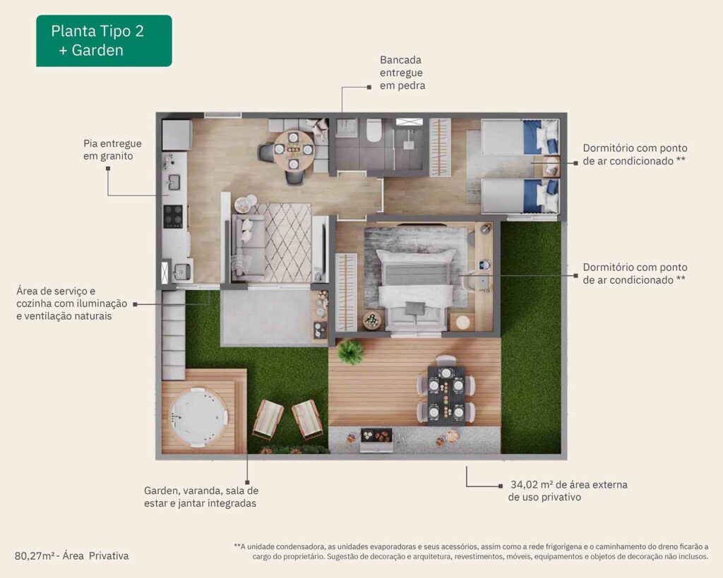 PLANTA APARTAMENTO GARDEN | 80,27m² (73m²) - 2 QUARTOS | VIVA PARQUE RESIDENCIAL | INDAIATUBA
